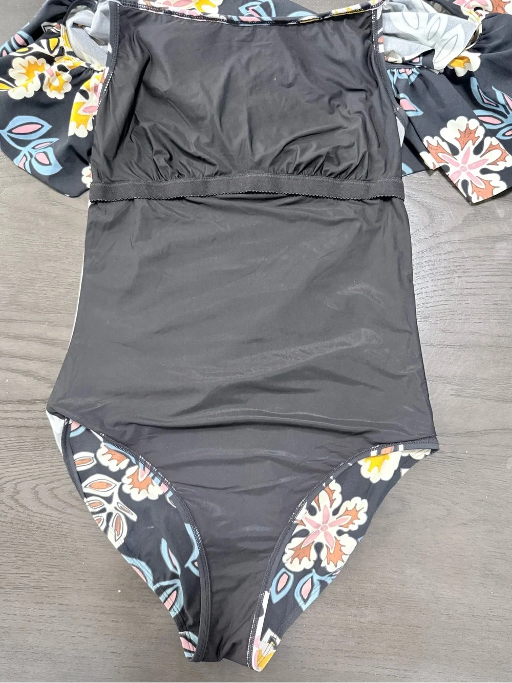 Tory Burch Floral Ruffle One Piece Swimsuit Size M Black Multicolоr